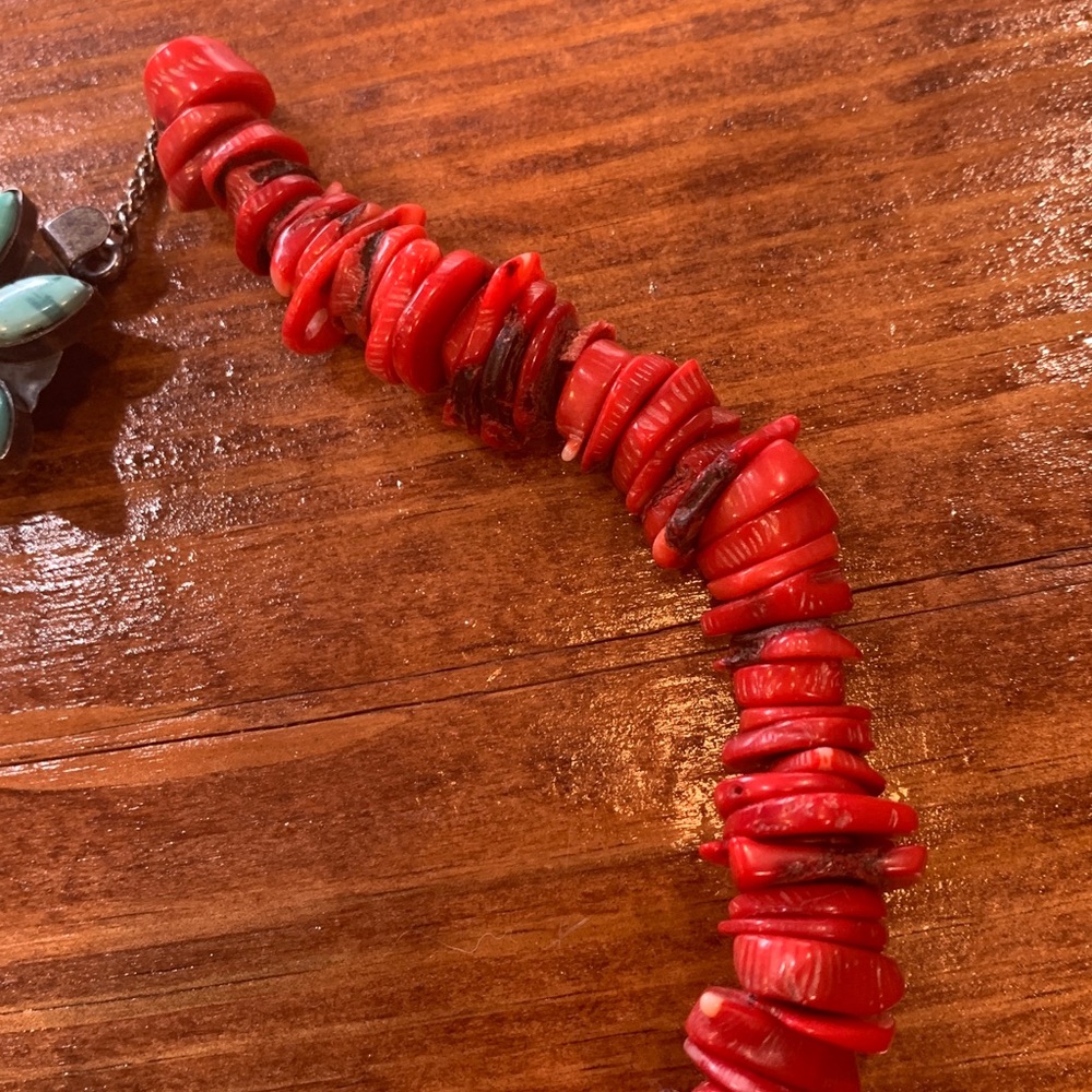Red Coral with Turquoise Clasp Navajo Necklace - Picture 8 of 17